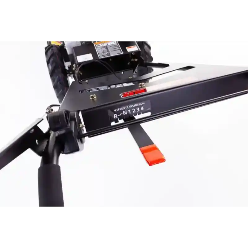 Close-up of gear shift panel and handlebar controls on Swisher 24-inch walk-behind rough cut mower, gallery position 1