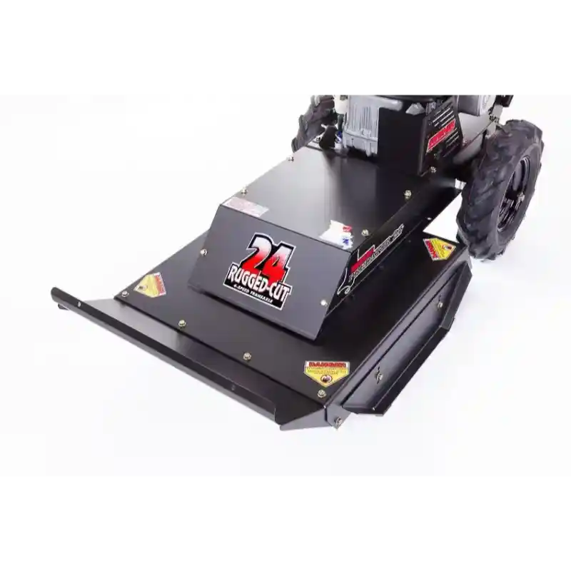 Close-up of Swisher 24-inch walk-behind rough cut mower deck showing blade housing and front guard, gallery position 1