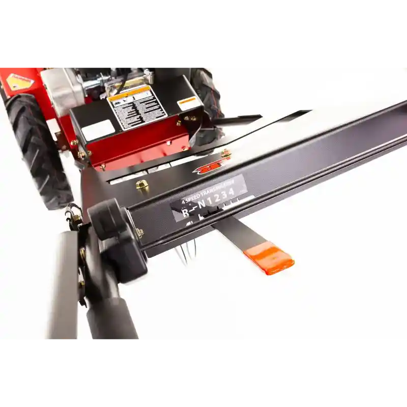 Close-up of control bar and speed selector on Swisher 24-inch walk-behind rough cut mower, gallery position 1