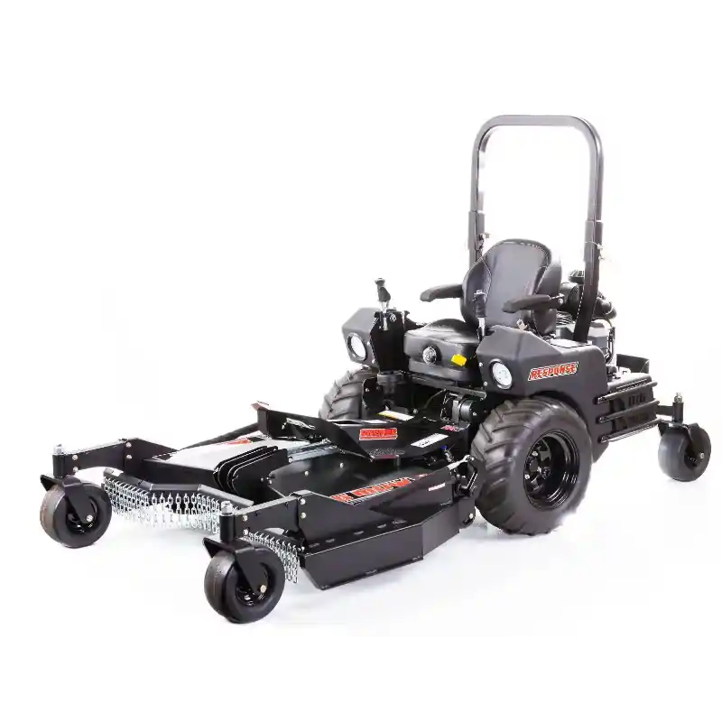 Front right angle view of Swisher 51-inch front-mount rough cut attachment with caster wheels, gallery position 1