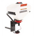 Swisher salt spreader with white polyethylene hopper, black steel frame, red spinner, wiring harness, and hitch mount, gallery position 1