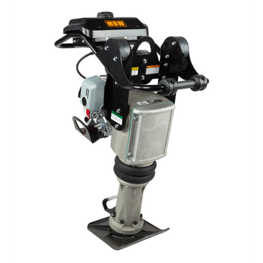 Gas-powered trench compactor with black handle frame and gray metal body, viewed from right angle against white background