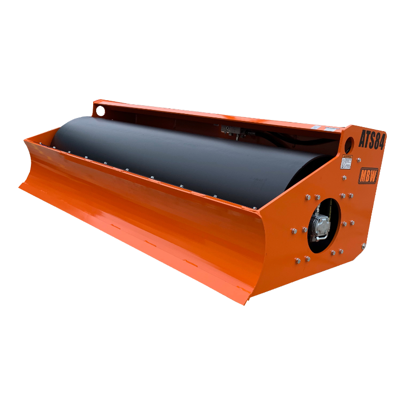 Orange trench roller attachment with large smooth black cylindrical drum and model markings ATS84 and MBW on side panel