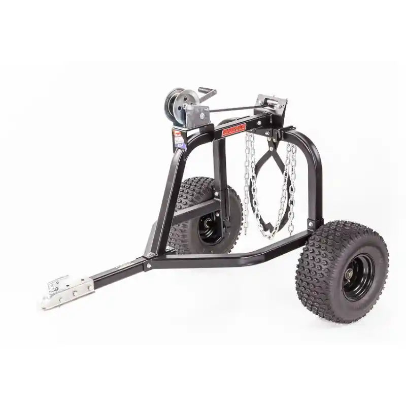 Front angled view of black ATV log skidder frame with pneumatic tires, metal chains, and tow hitch, gallery position 1