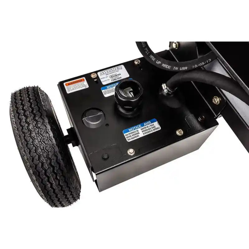 Close-up of fuel tank and attached wheel on Swisher 22-Ton Timber Brute Eco Split electric log splitter, gallery position 1