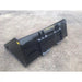 Black steel skid steer material bucket attachment with mounting hooks and reinforced back panel on dirt surface