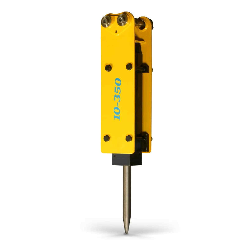 yellow hydraulic hammer breaker attachment with pointed chisel and model number 10-350 visible gallery position 1