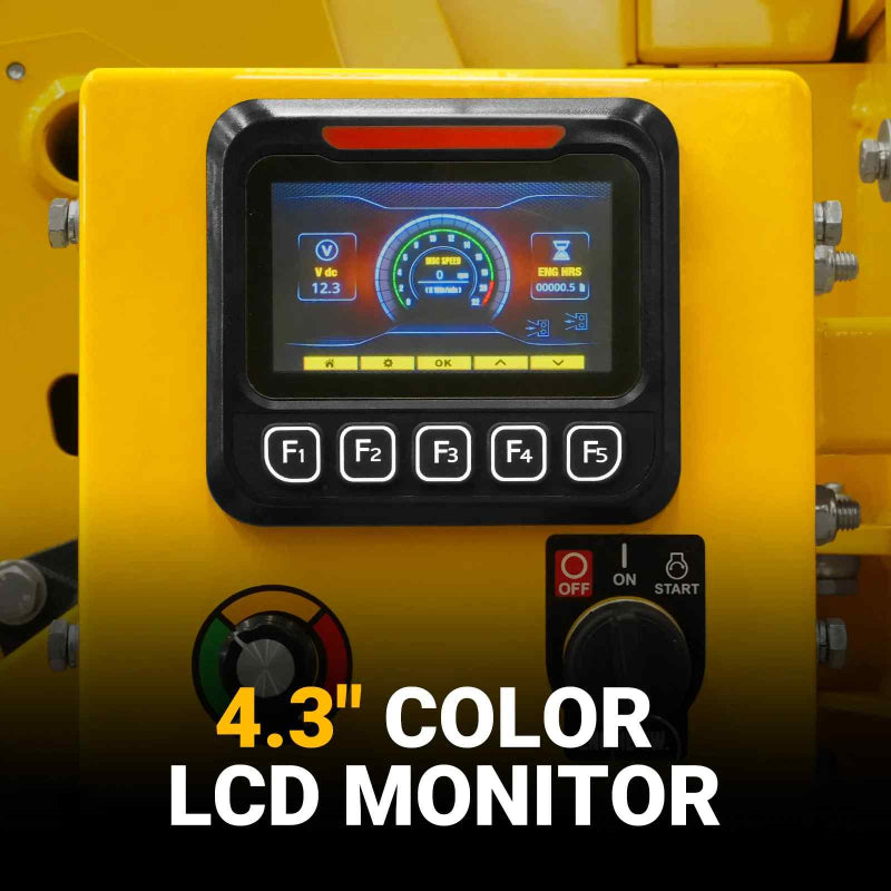 4.3-inch color LCD monitor with function keys and control knob on yellow hydraulic wood chipper panel, gallery position 1