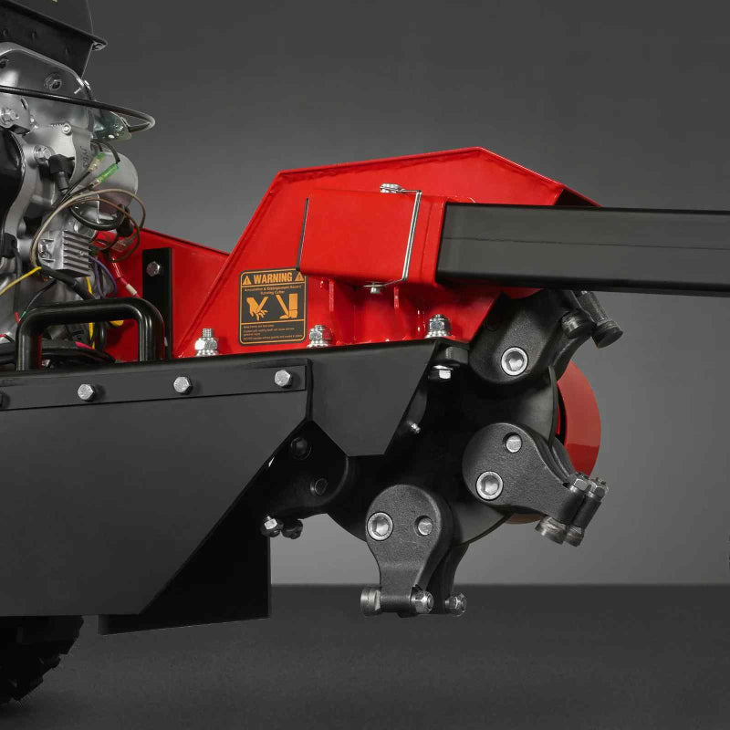 Close-up of red MechMaxx 429cc KOHLER E-Start stump grinder tow bar connection and mounting hardware, gallery position 1