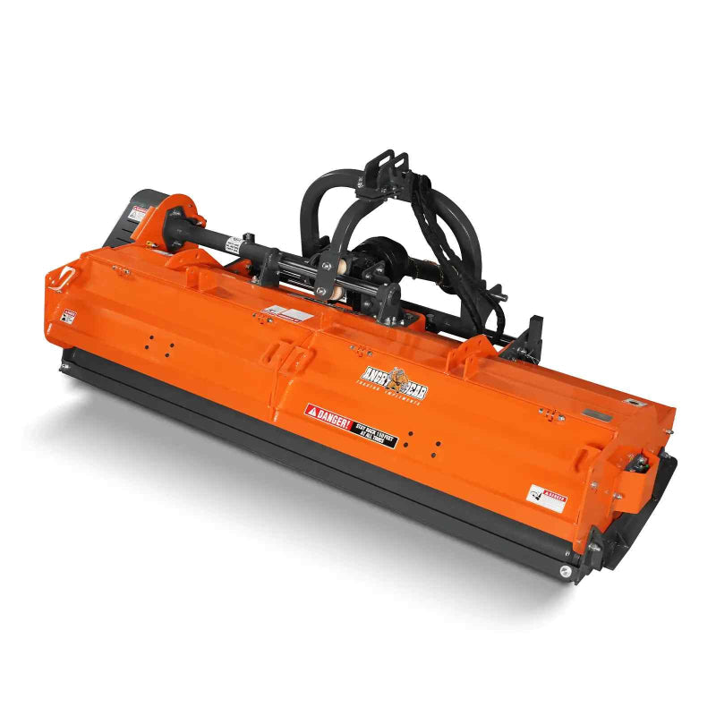 angled right-side view of orange MechMaxx 87-inch PTO flail mower with hydraulic side shift at gallery position 1