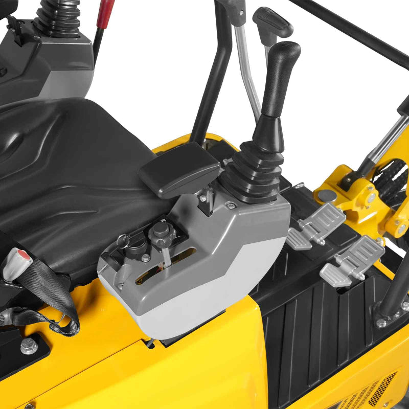close-up of operator seat, control levers, pedals, and armrest on yellow MechMaxx MEC10 mini excavator gallery position 1