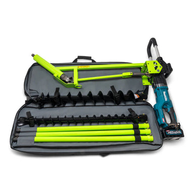 MiniTrencher SB216e electric horizontal drill with Makita 40V motor, green rods, auger bit, and open black carrying case gallery 1