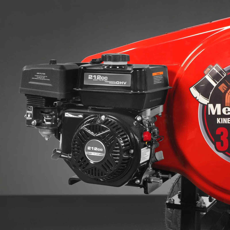 close-up side view of black 212cc DUCAR OHV engine mounted on red MechMaxx 34 ton kinetic log splitter at gallery position 1