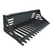 angled front view of black MechMaxx 44-inch mini skid steer rock bucket with spaced tines gallery 1