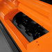 close-up of black rotor assembly with curved flail blades inside orange MechMaxx 86-inch 3-point PTO ditch bank mower at gallery position 1