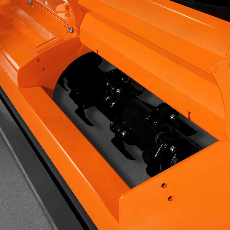 close-up of black rotor assembly with curved flail blades inside orange MechMaxx 86-inch 3-point PTO ditch bank mower at gallery position 1