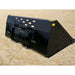 Black steel skid steer snow bucket attachment with rear mounting plate and rectangular cutouts on gravel surface