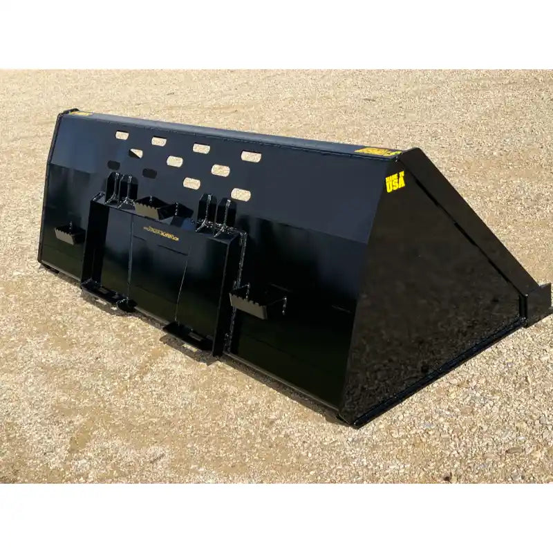 Black steel skid steer snow bucket attachment with rear mounting plate and rectangular cutouts on gravel surface