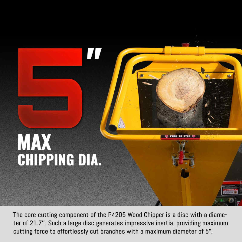 Top view of yellow MechMaxx disc wood chipper feed chute containing a log and labeled for 5 inch max chipping diameter gallery 1