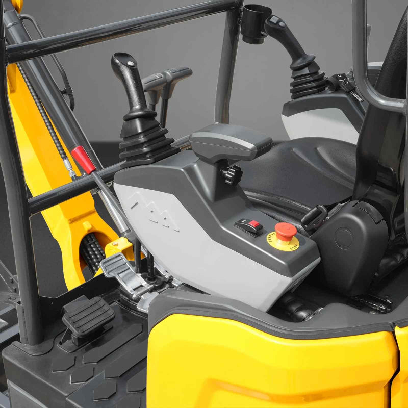 operator controls including dual joysticks, red emergency stop button, and foot pedals on MechMaxx MEC17PRO gallery 1