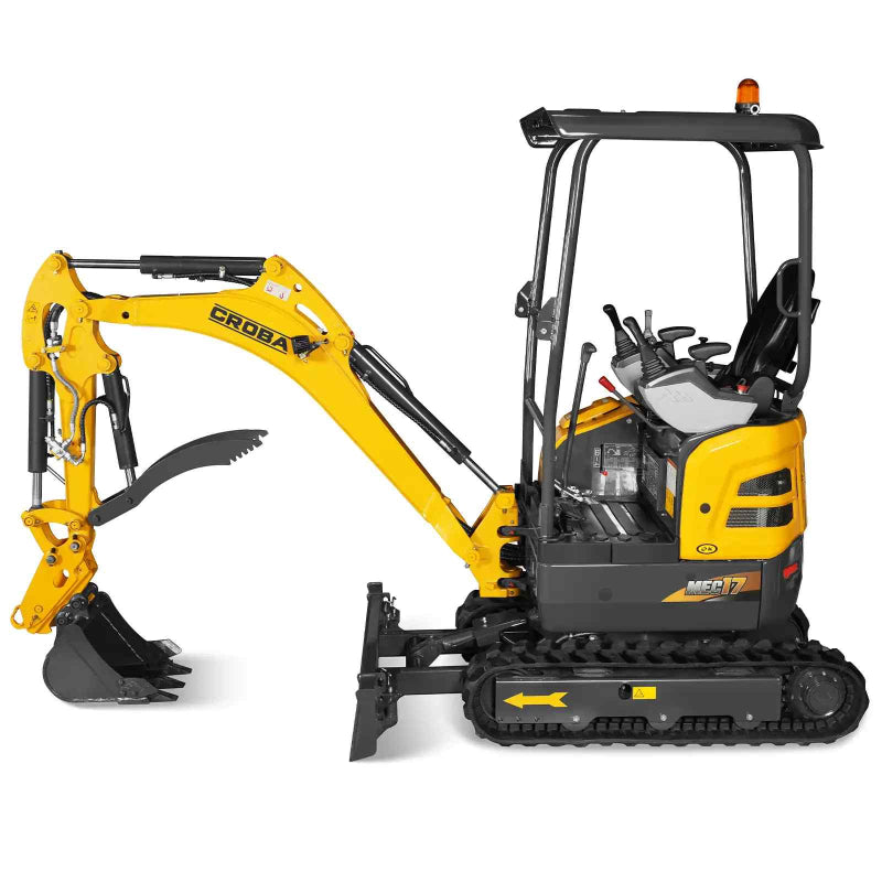 side profile of yellow MechMaxx MEC17 mini excavator with open canopy, hydraulic thumb attachment, and rubber tracks gallery position 1