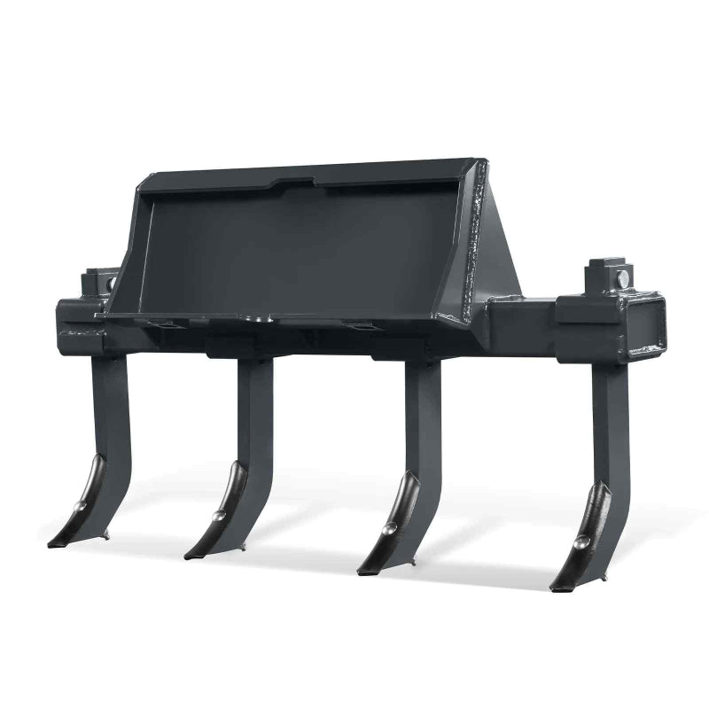 front angled view of black MechMaxx 40-inch mini skid steer scarifier with four scarifying shanks gallery position 1