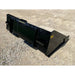 Black steel skid steer material bucket with reinforced side panels and mounting brackets on gravel surface outdoors