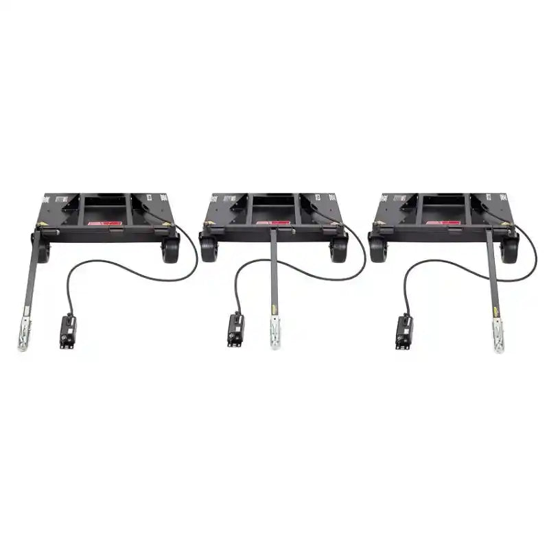 Three Swisher 52-inch rough cut mower frames with attached tow bars and control cables, gallery position 1