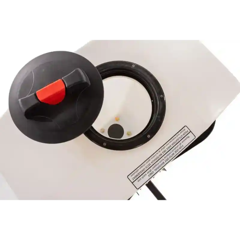 Top-down view of white Swisher truck spreader hopper with open black and red lid, gallery position 1
