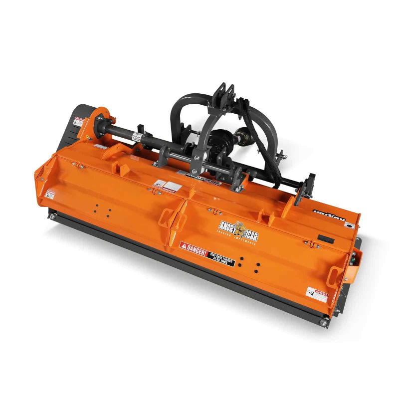 angled front-right view of orange Angry Bear 78-inch PTO flail mower with three-point hitch at gallery position 1