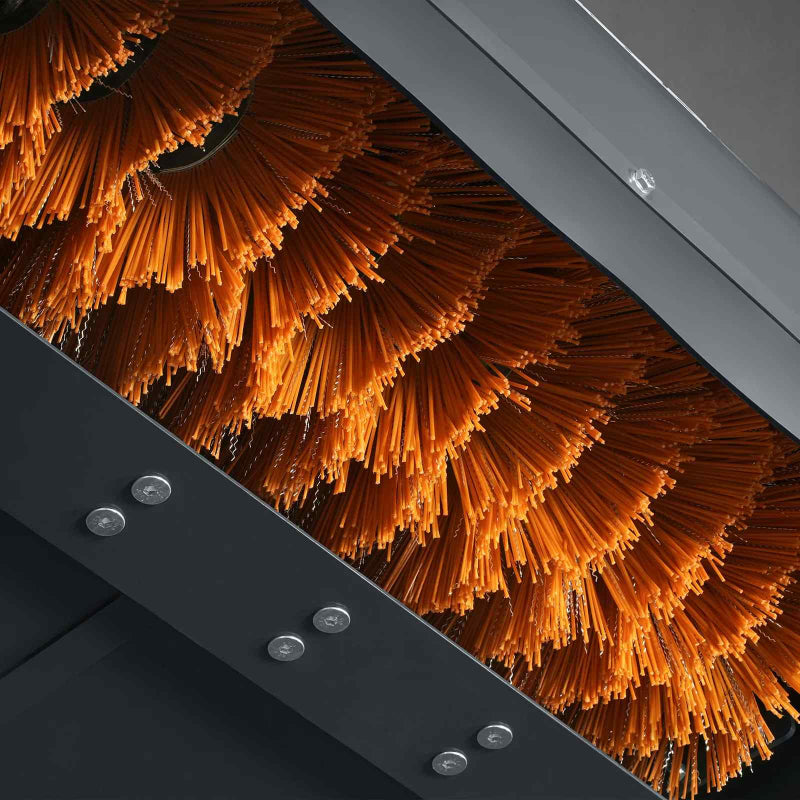 close-up of orange bristles on MechMaxx 40-inch mini skid steer box broom sweeper at gallery position 1