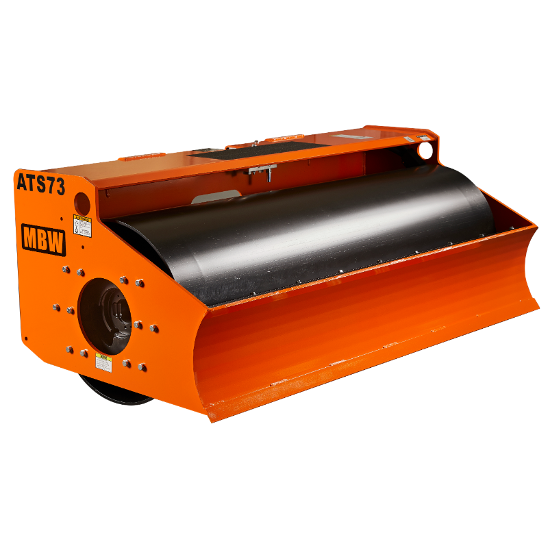 Orange trench roller attachment with black cylindrical drum and model number ATS73 on side panel