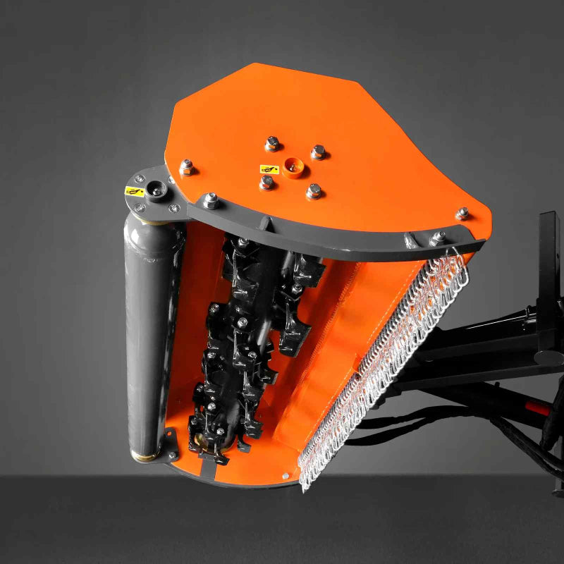 bottom angled view of orange MechMaxx 60-inch standard 3 point offset flail ditch bank mower showing rotor and chains gallery 1