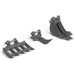 three gray excavator attachments including bucket, thumb grapple, and ripper tooth displayed isolated gallery position 1