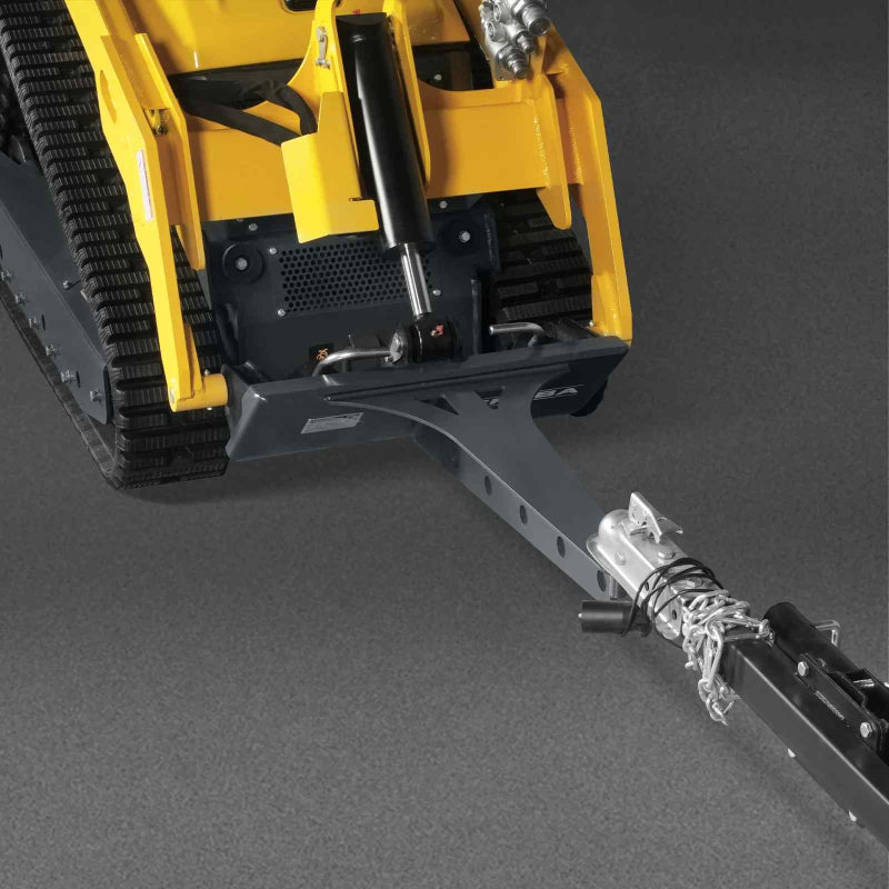 close-up of MechMaxx 36-inch boom length mini skid steer lifting jib attached to yellow skid steer gallery position 1