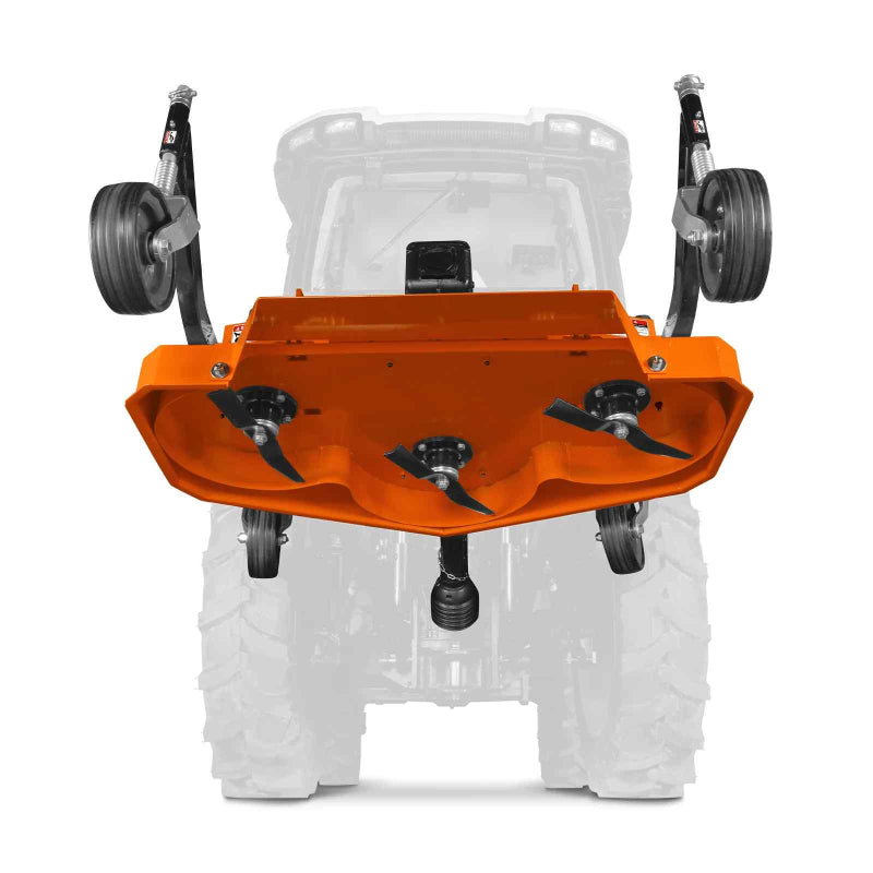 bottom view of orange MechMaxx 48-inch PTO finishing mower showing blade assembly and caster wheels, gallery position 1