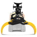 front view of yellow and black MechMaxx hydraulic rotating log grapple mounted on mini skid steer at gallery position 1