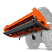 underside angled view of orange MechMaxx 72-inch PTO flail mower showing rotor blades and chain curtain gallery position 1