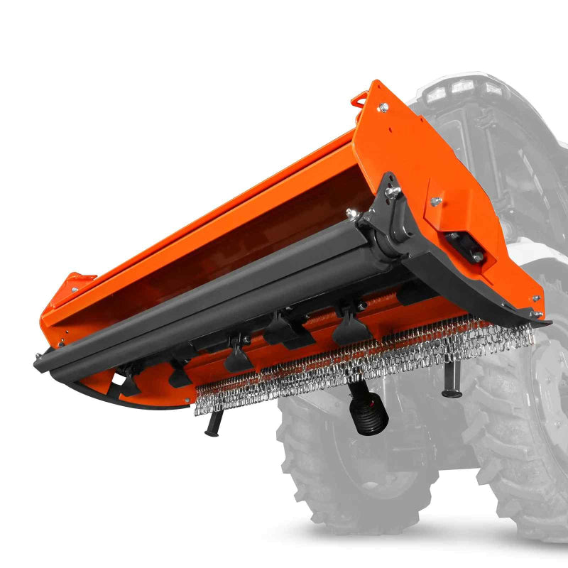 underside angled view of orange MechMaxx 72-inch PTO flail mower showing rotor blades and chain curtain gallery position 1