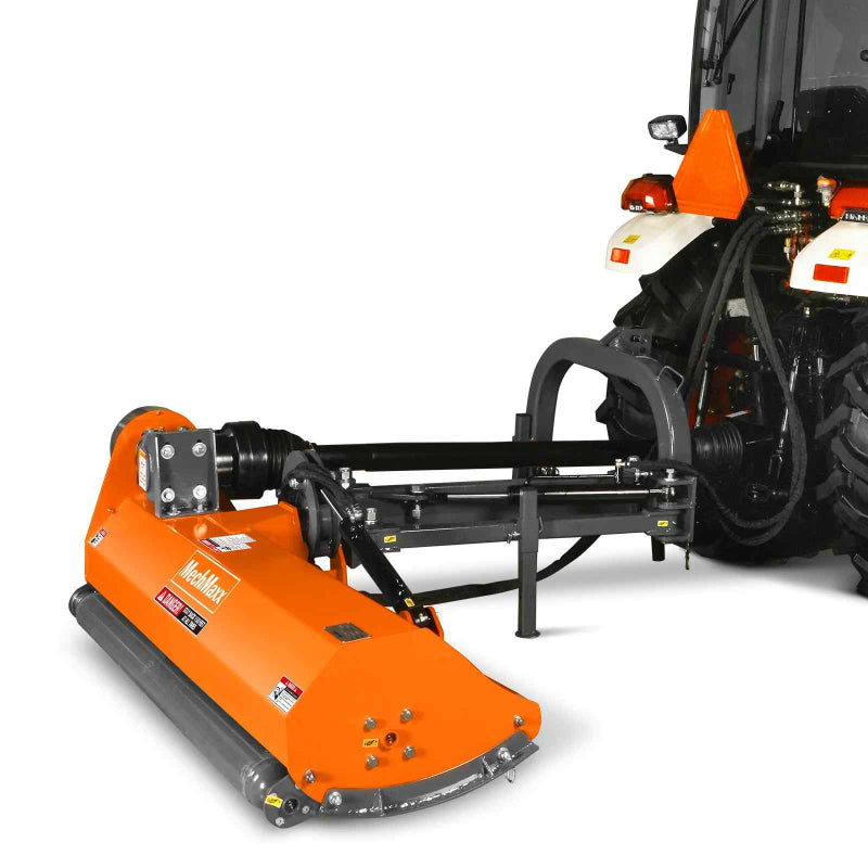 side perspective of orange MechMaxx 65-inch standard 3 point offset flail ditch bank mower attached to tractor, gallery 1