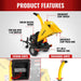 Diagram of yellow MechMaxx 5 inch disc wood chipper highlighting engine, tow bar, emergency stop, and tubeless tire gallery position 1