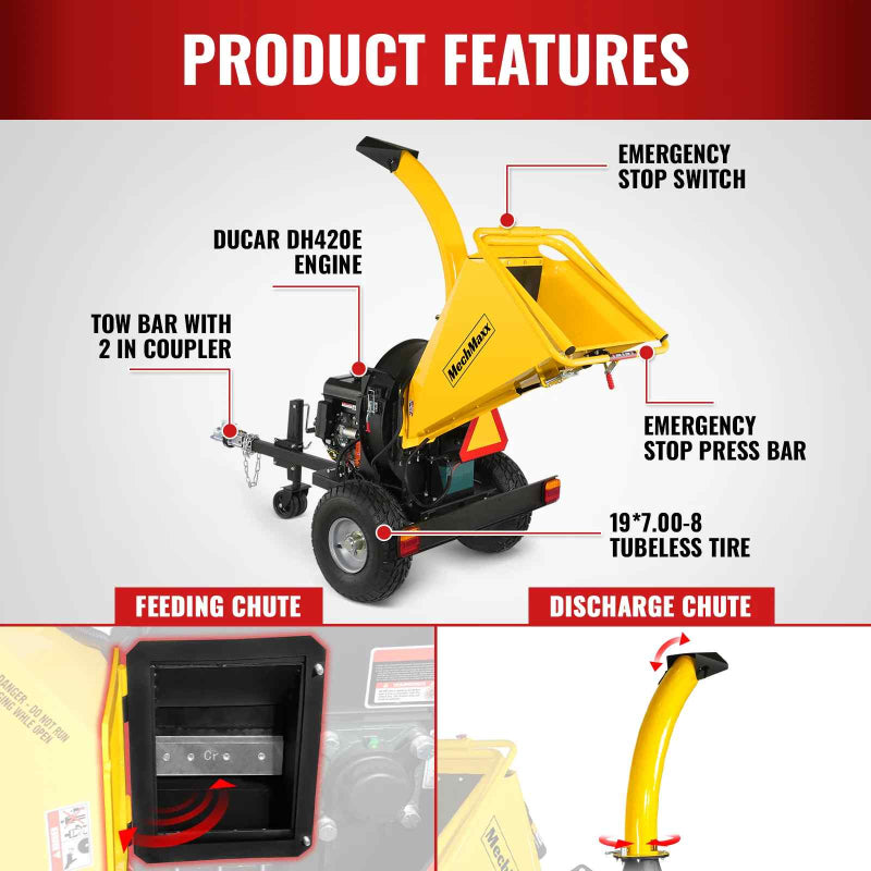 Diagram of yellow MechMaxx 5 inch disc wood chipper highlighting engine, tow bar, emergency stop, and tubeless tire gallery position 1