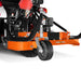 close-up of orange MechMaxx 48-inch finishing mower front caster wheel and PTO connection, gallery position 1