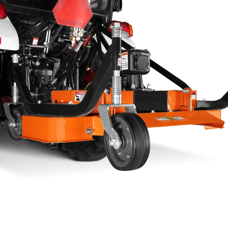 close-up of orange MechMaxx 48-inch finishing mower front caster wheel and PTO connection, gallery position 1