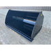 Front-left angled view of a black steel construction bucket attachment with smooth interior and reinforced cutting edge