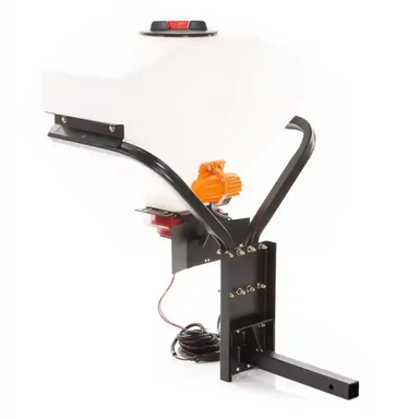 Swisher truck spreader with white hopper, black steel frame, orange vibrator motor, and hitch mount, gallery position 1