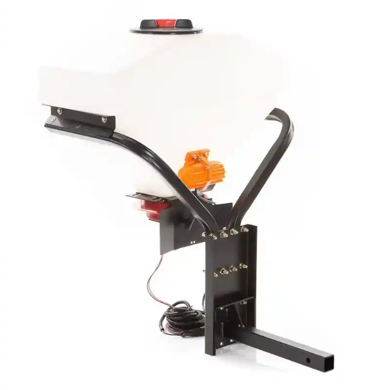Swisher truck spreader with white hopper, black steel frame, orange vibrator motor, and hitch mount, gallery position 1