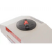 Top view of white Swisher truck spreader hopper with black lid and red locking tab, gallery position 1