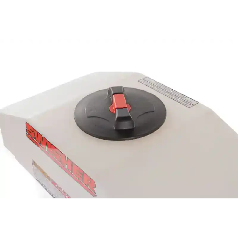 Top view of white Swisher truck spreader hopper with black lid and red locking tab, gallery position 1