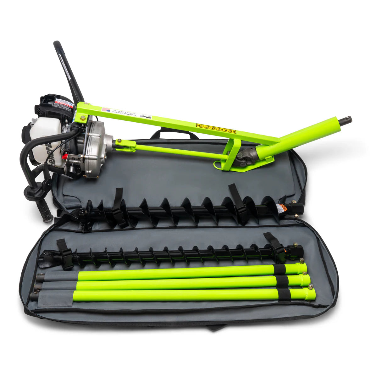 MiniTrencher SB216 SiBore Drill with Honda GX35 engine and green auger components laid out in carrying case, gallery 1